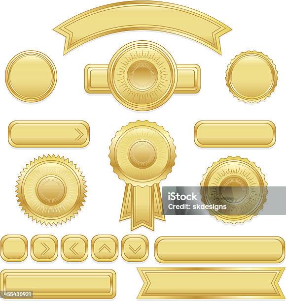 Shiny Buttons Ribbons Stickers Placards Set Gold Metallic Satin Stock Illustration - Download Image Now