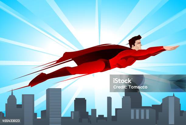Superhero Flying Over The City Stock Illustration - Download Image Now - Flying, Cape - Garment, Superhero