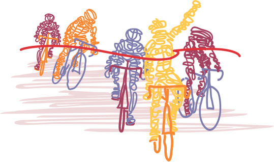 Sketchy style scribbled cyclists cross the finish line. The winner is wearing the yellow jersey. Vector illustration colors can easily be changed. Works well for 5K or other event T-shirt.
