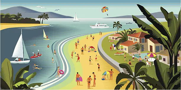 Vector illustration of Tropical Beach Holiday with water sports