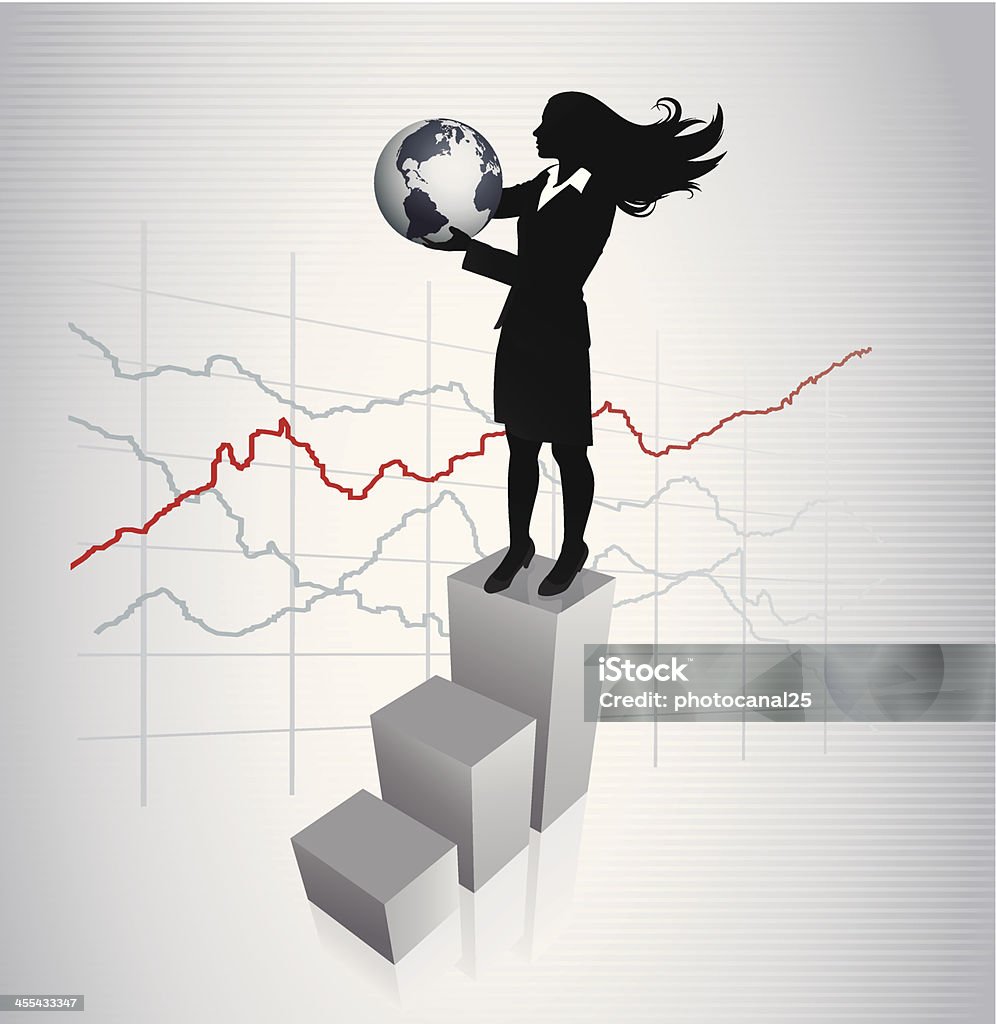 Women Rules the World Businesswoman standing on the top of a barchart, holding the world globe. Finance stock vector