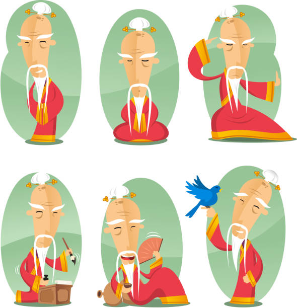 illustrations, cliparts, dessins animés et icônes de homme chinois sage - eyes narrowed