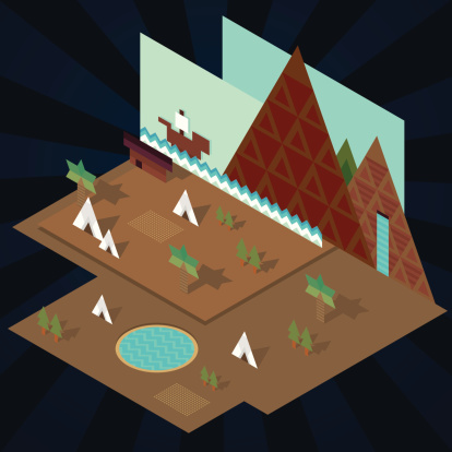 An Isometric paper landscape with ship, tepee, tree, palm, mountains and lake.