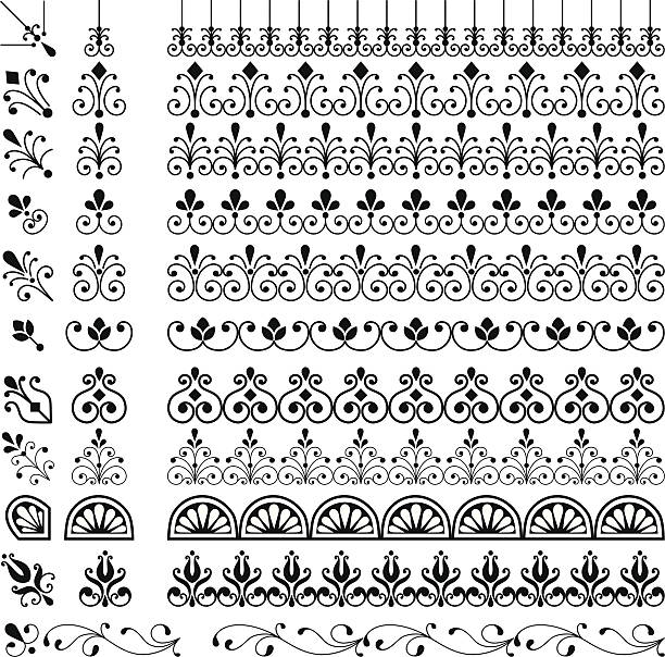 Repeating Borders Set Set of repeating borders. Main border elements and corner elements are both included for each border pattern. All elements are grouped separately, and file is layered for easy editing. swirly vines stock illustrations