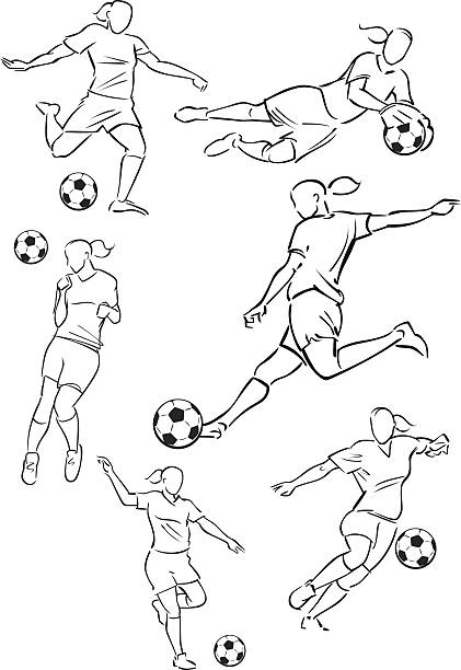 ilustraciones, imágenes clip art, dibujos animados e iconos de stock de jugando al fútbol femenino de figuras - símbolo deportivo