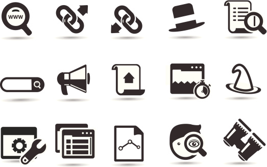 A set of royalty free search engine and SEO icons based on Google search.  The icons represent a series of common search engine ideas, such as incoming links, outgoing, page ranks, search space, etc.  