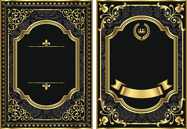 Gold Vintage Scroll Frames Set of two vintage style scroll frames with gold and damask details.  Damask pattern swatch is already in the swatches panel for easy use.  Colors are global, so they can be modified easily.  File is layered for easy editing. king royal person stock illustrations