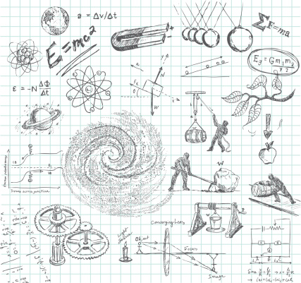 Hand-drawn doodle pencil sketch of various physics subject matter. Includes: atoms, earth, E=Mc2, magnet, Newton's 2nd Law, galaxy, lever, pulley, winch, inclined plane, gears, optics, electrical calculation, Law of Gravity, pendulum, etc. All images are grouped and on separate layers making for easy changes. Graph paper on layer that can be easily removed. XL 5000x5000 jpeg included.