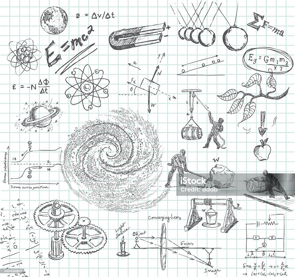 Physics doodle Hand-drawn doodle pencil sketch of various physics subject matter. Includes: atoms, earth, E=Mc2, magnet, Newton's 2nd Law, galaxy, lever, pulley, winch, inclined plane, gears, optics, electrical calculation, Law of Gravity, pendulum, etc. All images are grouped and on separate layers making for easy changes. Graph paper on layer that can be easily removed. XL 5000x5000 jpeg included. Drawing - Activity stock vector