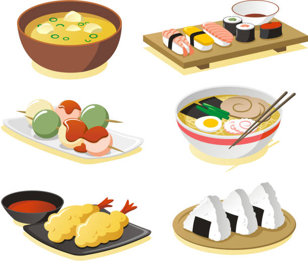 japanische spezialitäten - japanische küche stock-grafiken, -clipart, -cartoons und -symbole