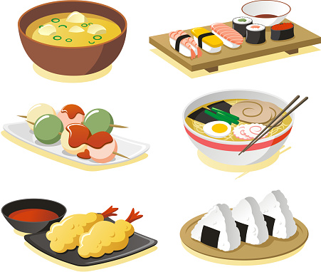 Japanese dishes vector icon set.