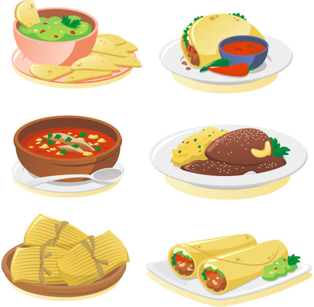 ilustraciones, imágenes clip art, dibujos animados e iconos de stock de platos mexicanos - guacamole mexican cuisine avocado food