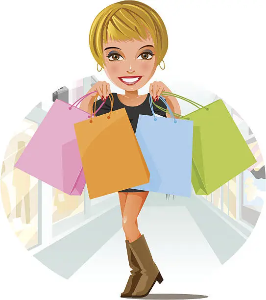Vector illustration of Young woman with shopping bags