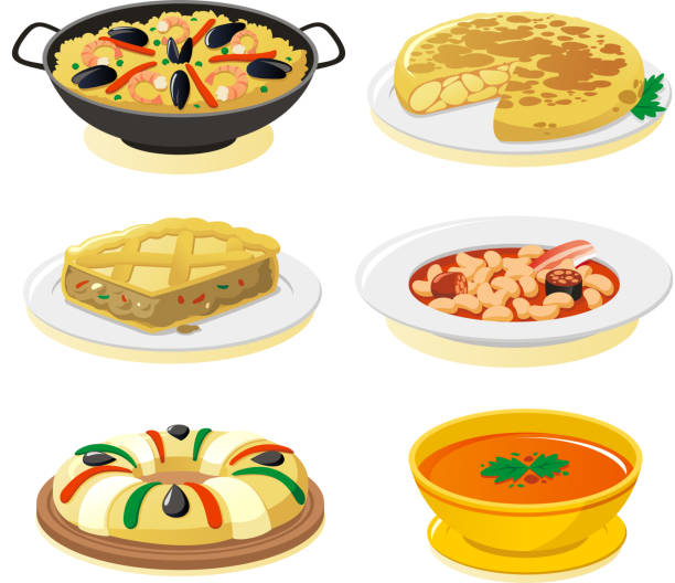 illustrazioni stock, clip art, cartoni animati e icone di tendenza di piatti spagnoli - tapas food spain gourmet