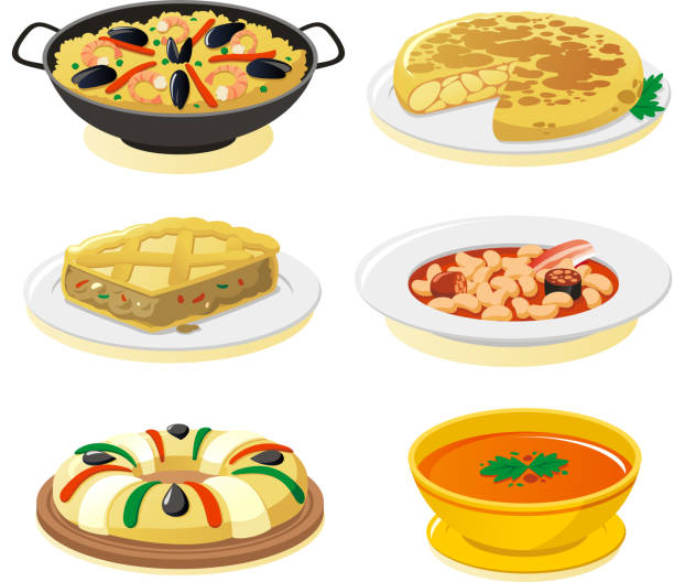 Spanish dishes spanish dishes vector icon set. meal dinner food plate stock illustrations