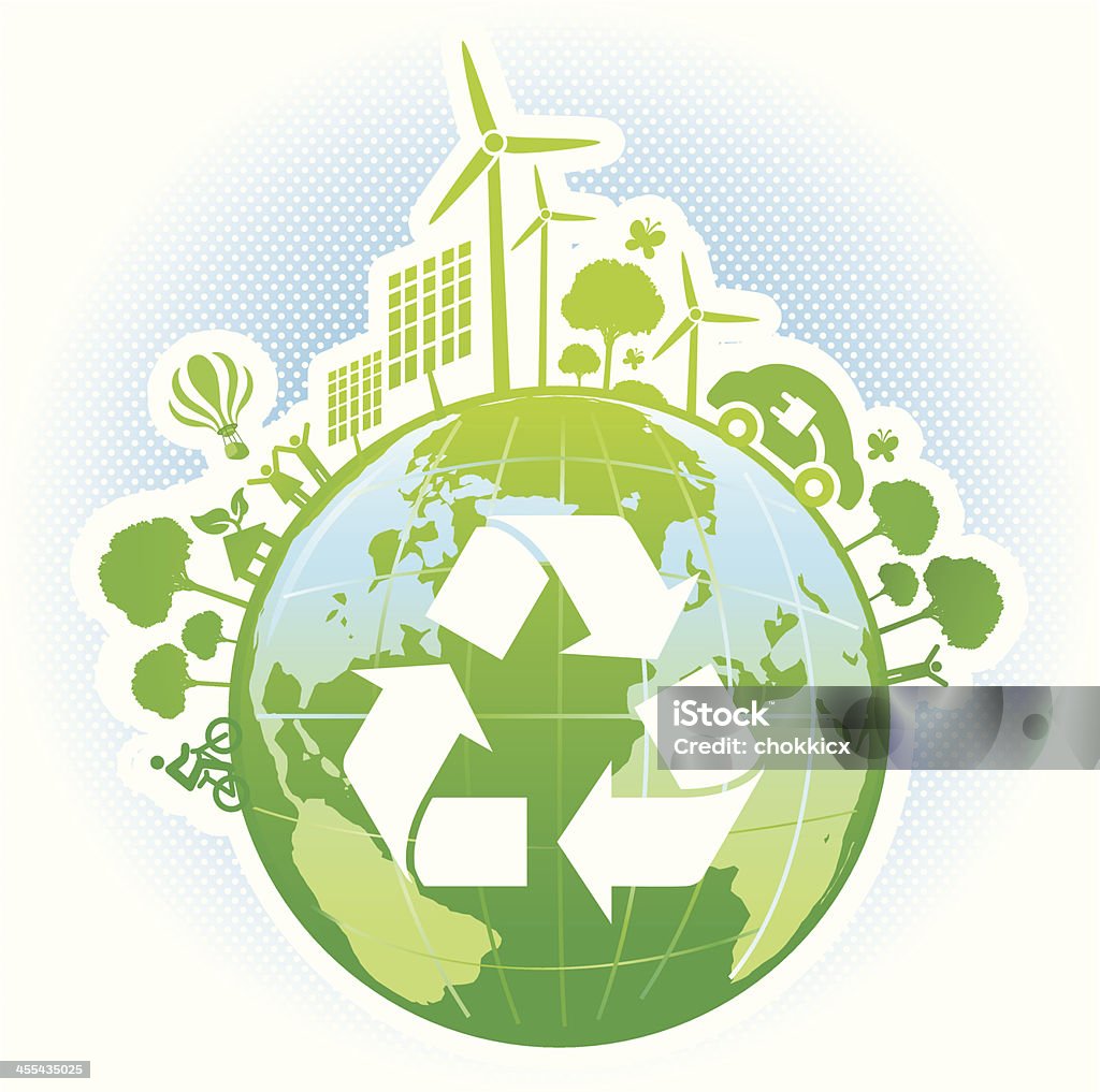 Illustrazione vettoriale del mondo con Simbolo del riciclaggio - arte vettoriale royalty-free di Conservazione ambientale