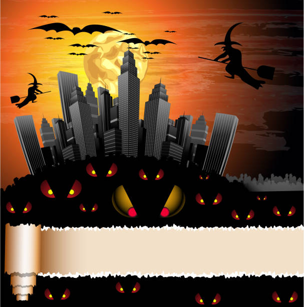 ilustraciones, imágenes clip art, dibujos animados e iconos de stock de halloween - city night spooky skyline