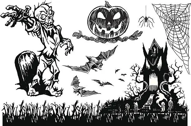 Vector illustration of Halloween Haunted House and Zombie, Bats, Spider