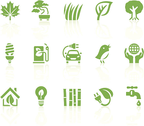 A collection of green eco icons A set of eco friendly green icons. Simple series. One icon consists of a single object + reflection (on a separate layer). EPS8, JPEG + AI CS3 gas pump hand stock illustrations