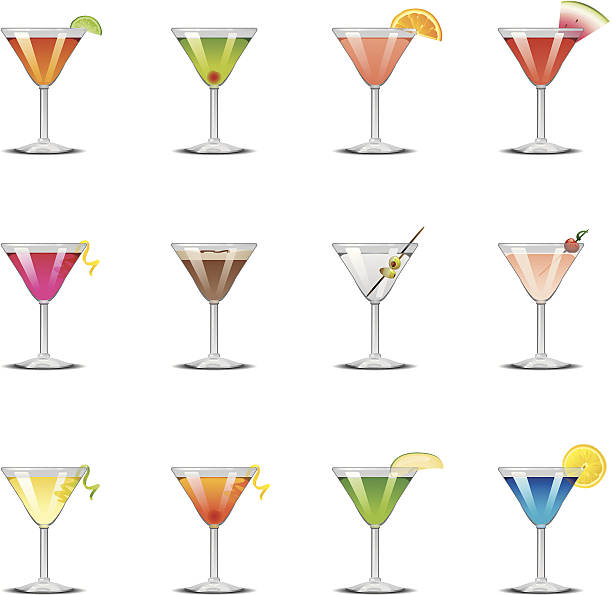 illustrazioni stock, clip art, cartoni animati e icone di tendenza di martini icone - cocktail martini olive vodka