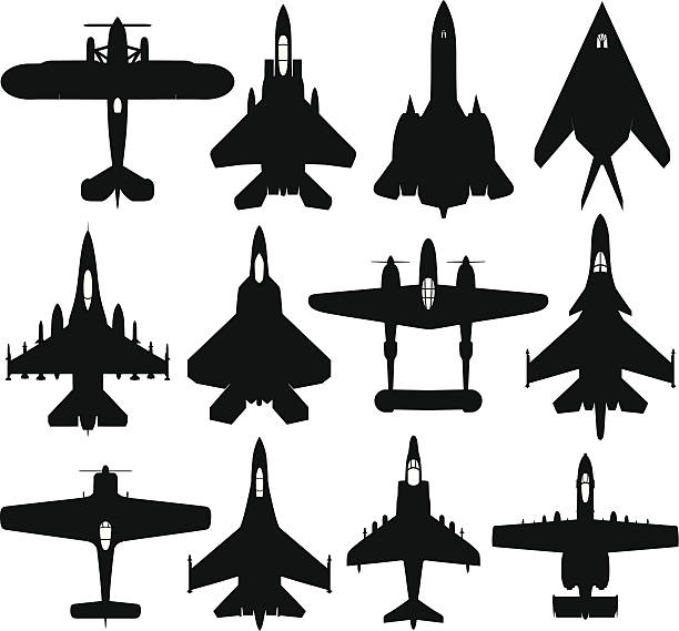 Military Planes Series of military planes silhouettes from top. military airplane stock illustrations