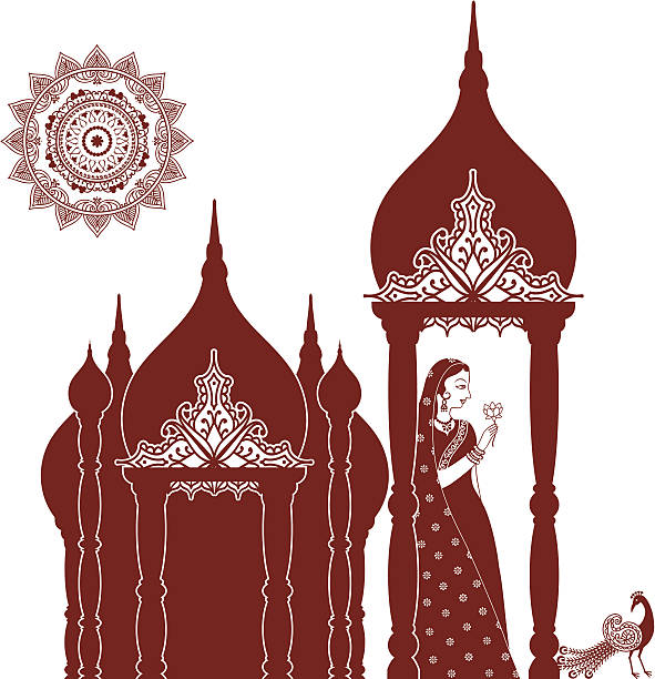 Mehndi (henna) Indian Beauty with Domes A beautiful Indian woman standing under a domed roof holding a lotus flower. Stylized sun and peacock also included. Inspired by the art of mehndi (henna painting). (Includes .jpg) indian dome stock illustrations