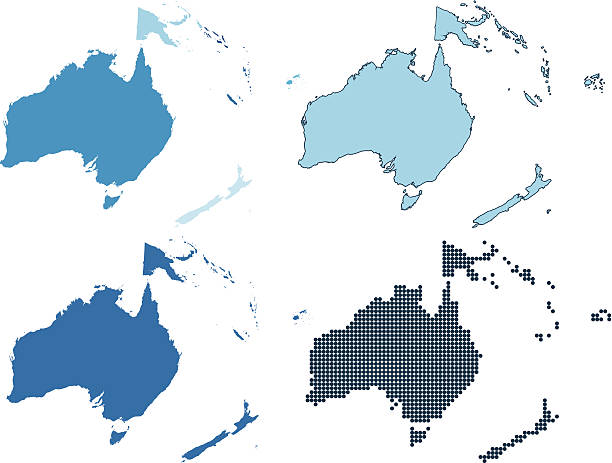 Oceania four different blue maps Vector illustration of four different blue maps of Oceania. Global colors used.  new zealand australia cartography western australia stock illustrations