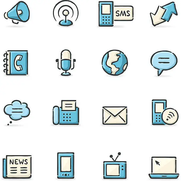 Vector illustration of Blue sketched icons for communication theme