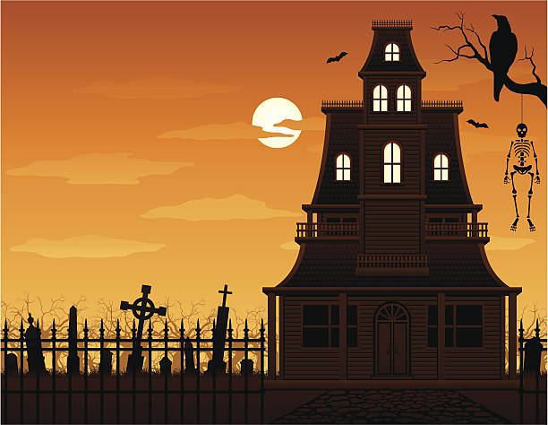 дом с привидениями и кладбище - haunted house stock illustrations