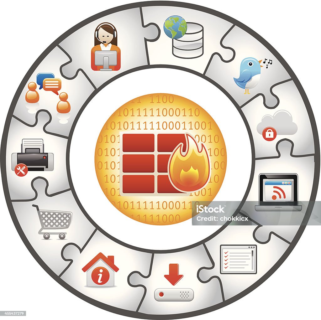 firewall and internet security icons in puzzle shapes This illustration was created in Adobe Illustrator to show various internet security related activities inside puzzle shapes. It's great for Information Technology presentation! Binary Code stock vector