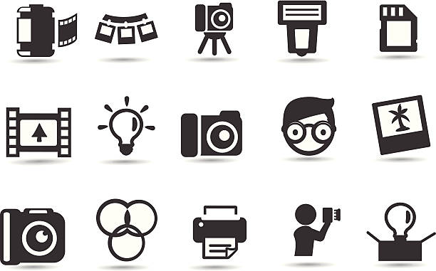 illustrations, cliparts, dessins animés et icônes de ensemble d'icônes de la photographie - lightbox movie camera film photography