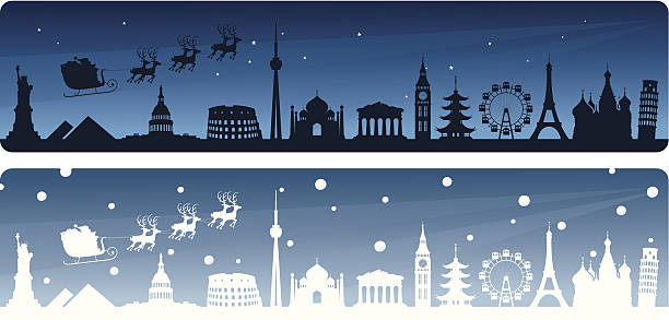 Santa's Travels Santa's world tour banners. onion dome stock illustrations