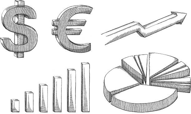 Pencil drawn 3D financial symbols An ink drawing of currency and graphs - vector illustration bar graph illustrations stock illustrations