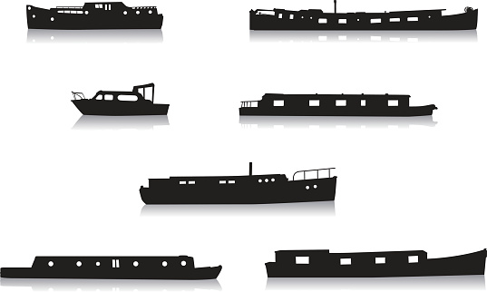 A vector set of silhouetted canal boats