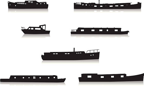 Canal boat silhouettes A vector set of silhouetted canal boats barge stock illustrations