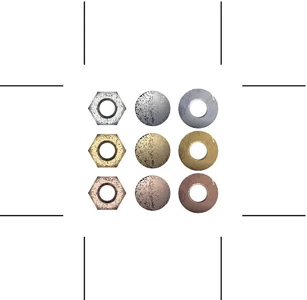 Vector illustration of bolts, nuts and washers