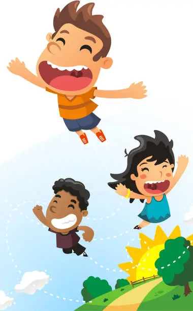 Vector illustration of Kids Flying Happy Running in a Shinny Day