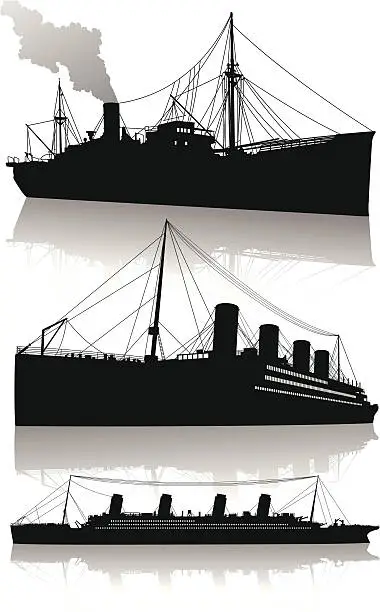 Vector illustration of Isolated silhouettes of transatlantic passenger steamships