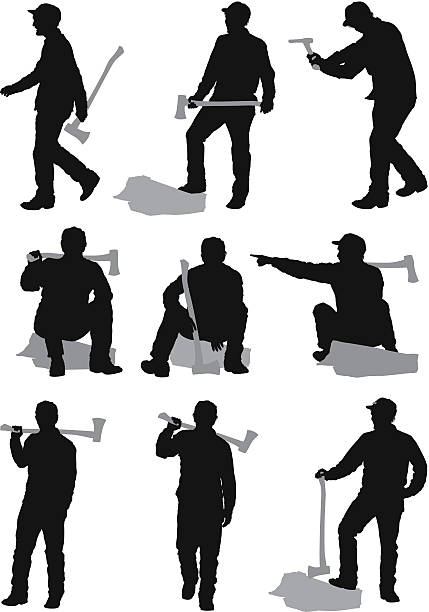 mehrere bilder der holzfäller in verschiedenen posen - holzfäller stock-grafiken, -clipart, -cartoons und -symbole
