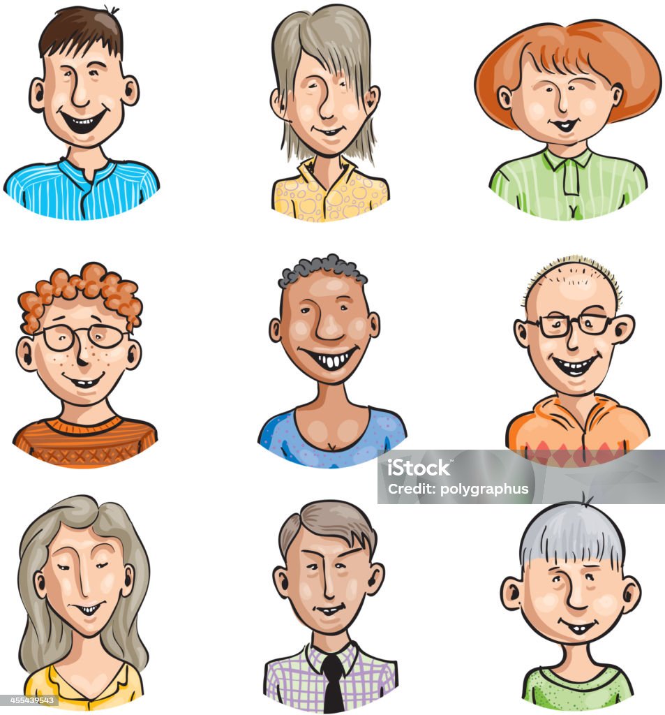 Men and women set Set of nine smiling cartoon faces. Adolescence stock vector