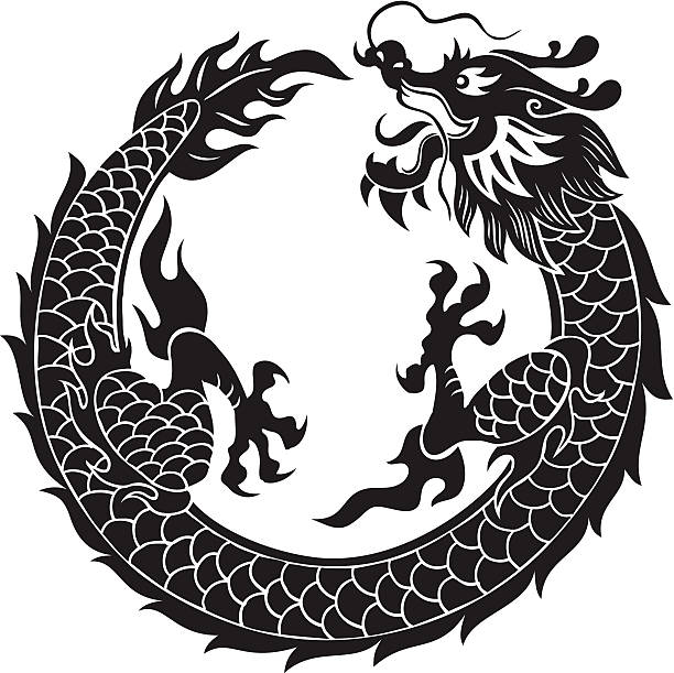 Black dragon Chinese dragon flying in round motif. 2012 is the year of the dragon. asian mythology stock illustrations