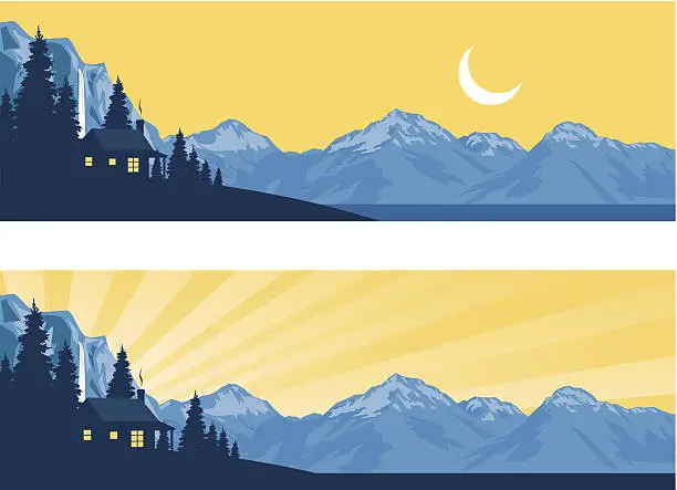 Vector illustration of Log Cabin Silhouette in the Mountains