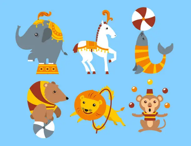 Vector illustration of Circus enterteinment trained elephant, horse, seal, bear, lion, monkey animals
