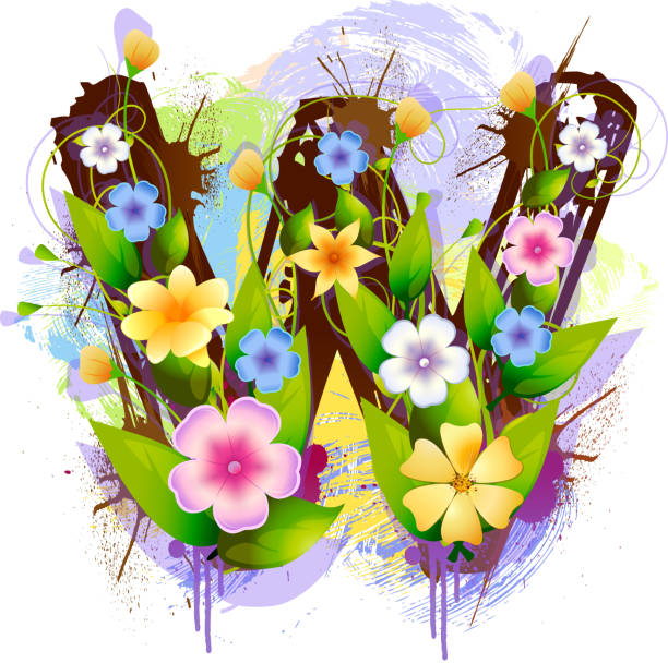 ilustraciones, imágenes clip art, dibujos animados e iconos de stock de mayúscula w, creado por hojas y flores - alphabet painterly effect square composition