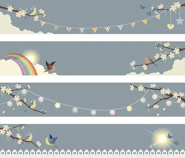 Vector illustration of Spring banners with Birds and Cherry Blossoms