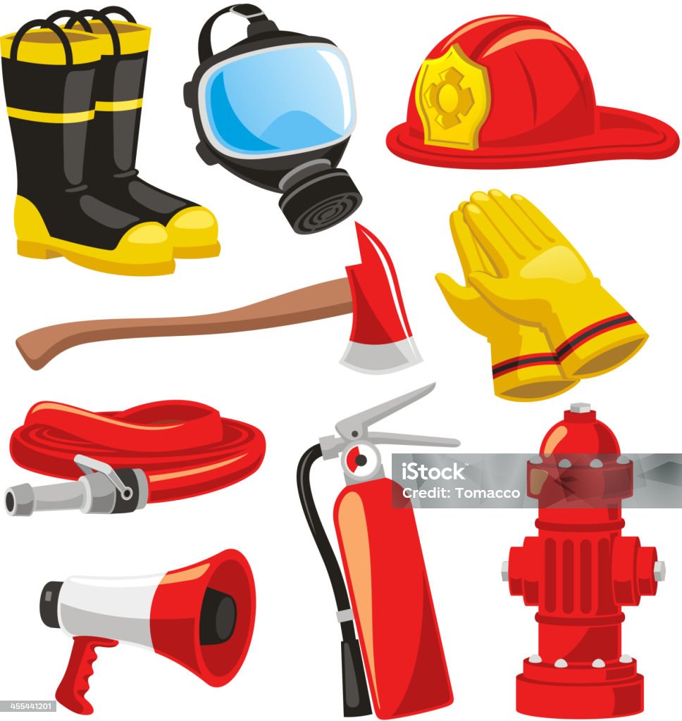 Firefighter elements Fire-fighter elements set collection, including boots, mask, helmet, axe, gloves, hose, fire extinguisher, megaphone vector illustration. Firefighter stock vector