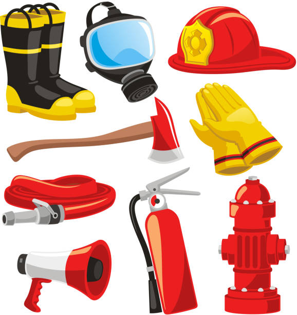 Firefighter elements Fire-fighter elements set collection, including boots, mask, helmet, axe, gloves, hose, fire extinguisher, megaphone vector illustration. firefighter stock illustrations