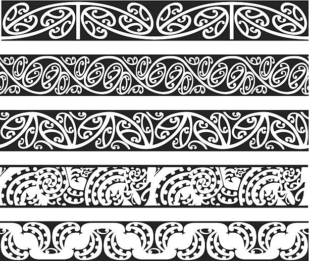 Maori Kowhaiwhai Seamless Designs Five seamless Maori Kowhaiwhai designs in black. koru pattern stock illustrations
