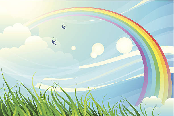 небо, трава, rainbow - fog landscape backgrounds cloud stock illustrations