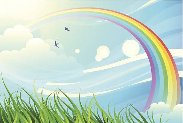 Vector illustration of Sky, grass, rainbow